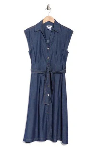 Dkny Cap Sleeve Tie Waist Denim Shirtdress In Blue