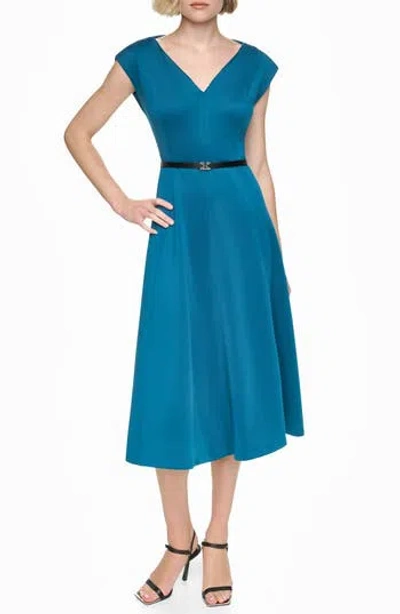 Dkny Cap Sleeve V-neck Midi Dress In Blue