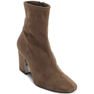 Dkny Cavale Boots Women's Mushroom Suede Square Toe Block Heel Booties Lion412 In Brown