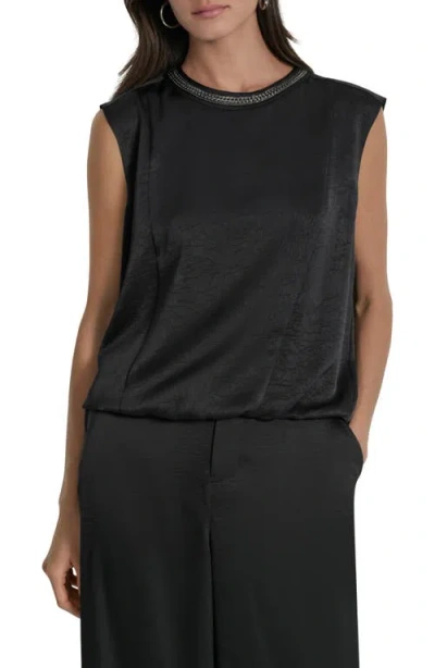 Dkny Chain Sleeveless Crinkle Satin Top In Black