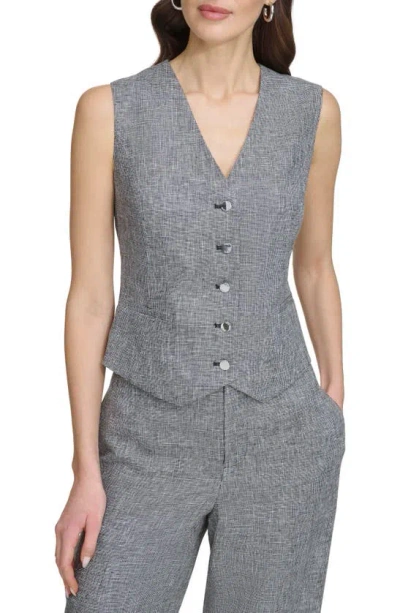 Dkny Check Linen Blend Suiting Vest In Black,white