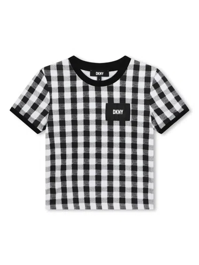Dkny Kids' Checked Round-neck T-shirt In Black
