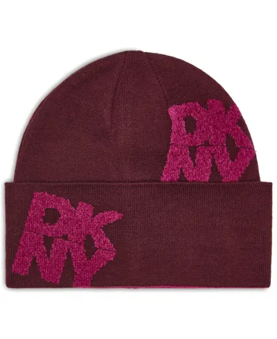 Dkny Chenille Block Knit Logo Stretch Fit Beanie In Cabernet