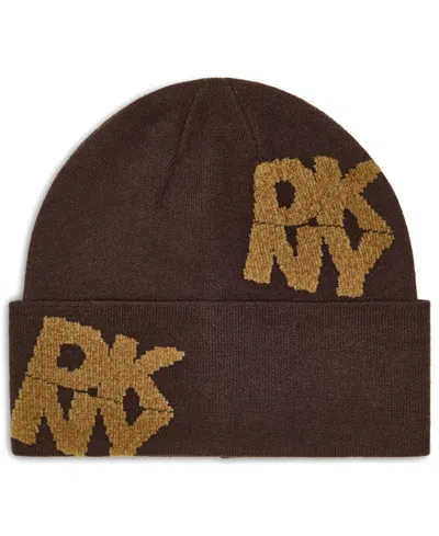Dkny Chenille Block Knit Logo Stretch Fit Beanie In Tobacco