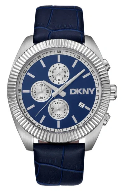 Dkny Chronograph Leather Strap Watch, 42mm In Metallic