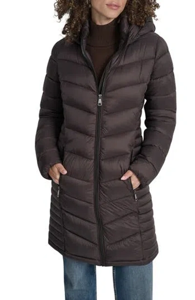 Dkny Cire Packable Hooded Longline Puffer Jacket In Black