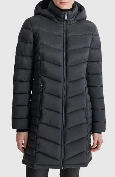 Dkny Cire Packable Hooded Longline Puffer Jacket In Black