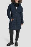 Dkny Cire Packable Hooded Longline Puffer Jacket In Blue