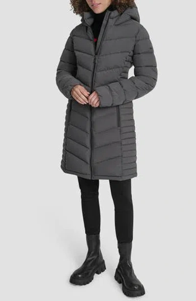 Dkny Cire Packable Hooded Longline Puffer Jacket In Gray