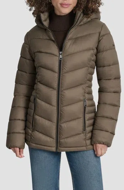 Dkny Cire Packable Hooded Puffer Jacket In Brown