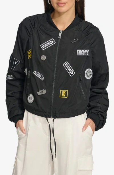 Dkny Feminine City Sign Embroidered Bomber Jacket In Black