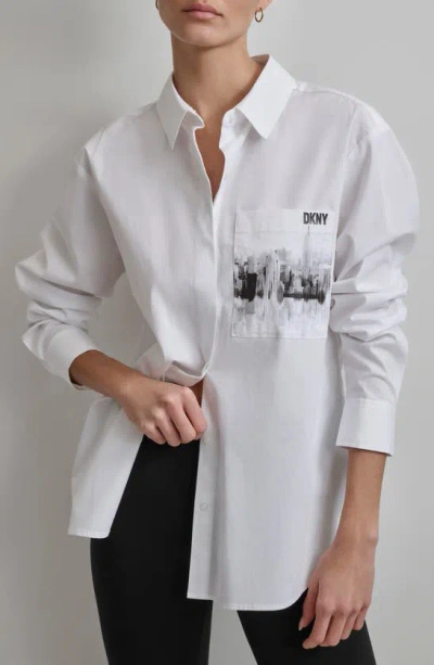 Dkny Cityscape Pocket Long Sleeve Button-up Shirt In White