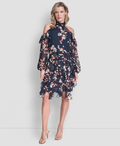 Dkny Cold Shoulder Mock Neck Ruffle Dress In Multi