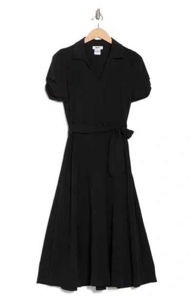 Dkny Collared Tie Waist Midi Dress In Black