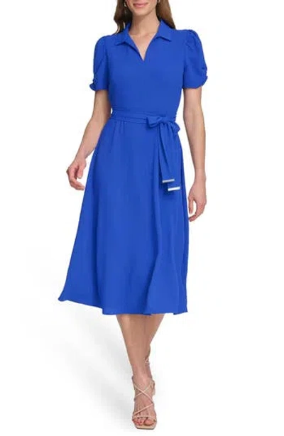 Dkny Collared Tie Waist Midi Dress In Cosmic Blu