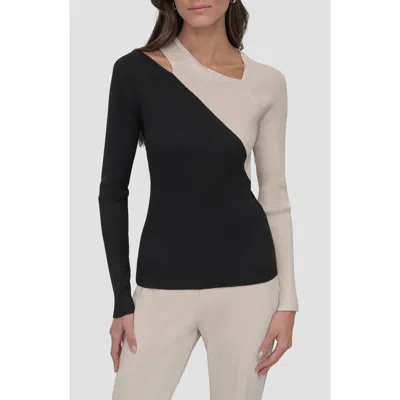 Dkny Colorblock Shoulder Cutout Long Sleeve Sweater In Black
