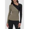 Dkny Colorblock Shoulder Cutout Long Sleeve Sweater In Utility Green/black