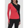Dkny Colorblock Shoulder Cutout Long Sleeve Sweater In Watermelon Sugar