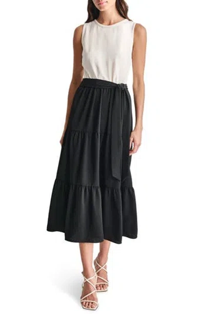 Dkny Colorblock Tiered Midi Dress In Eggshell/black