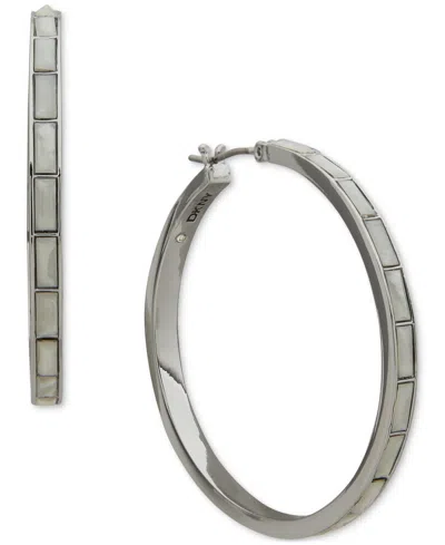 Dkny Colored Glass Stone Baguette Medium Hoop Earrings, 1.47" In Silver