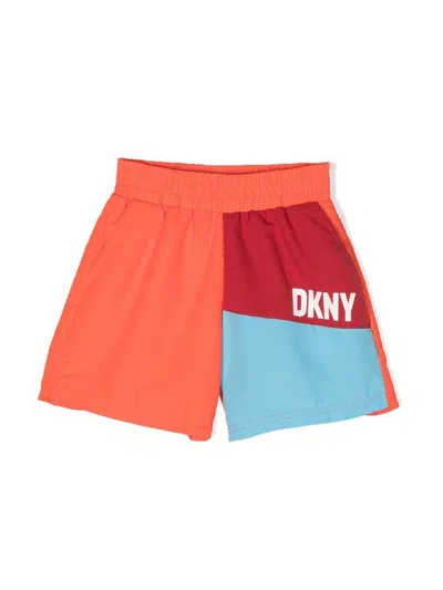 Dkny Kids' Colour-block Logo-print Swim Shorts In Orange