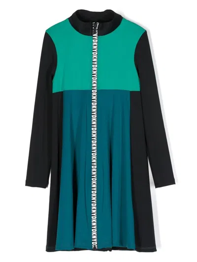 Dkny Kids' Colour-block Logo-tape Dress In Blue