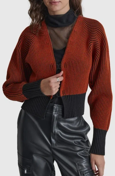 Dkny Contrast Rib Cardigan In Russet/ Black