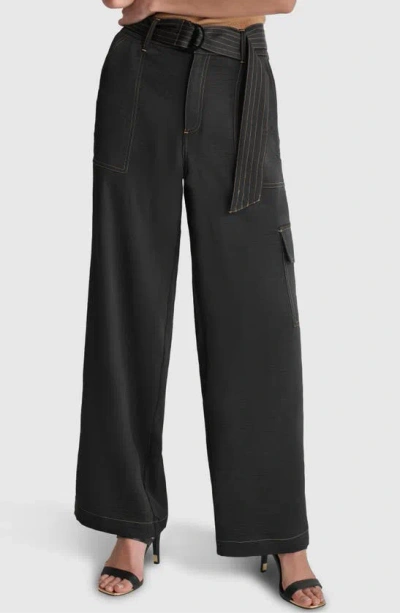 Dkny Contrast Stitch Belted Cargo Wide Leg Pants In Black