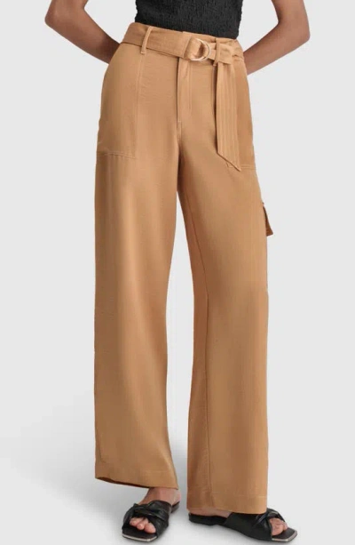 Dkny Contrast Stitch Belted Cargo Wide Leg Pants In Tawney