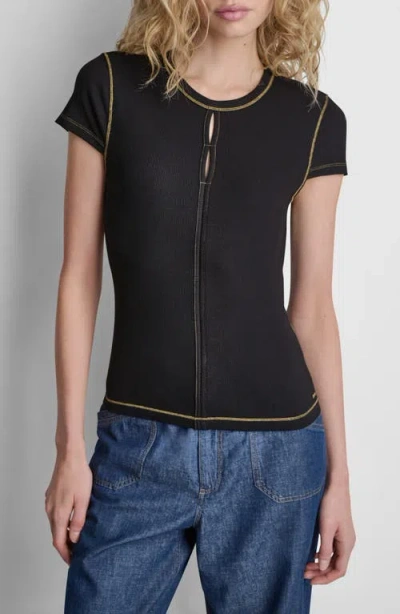 Dkny Contrast Stitch Cutout Detail Rib Top In Black