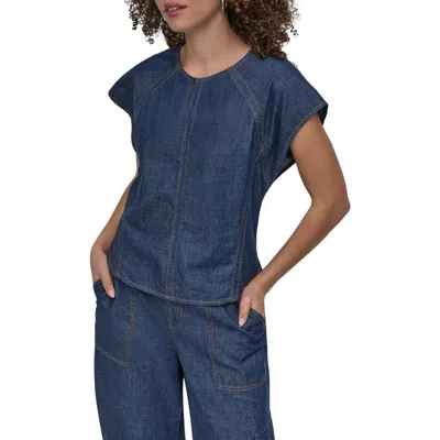 Dkny Contrast Stitch Denim Top In Blue