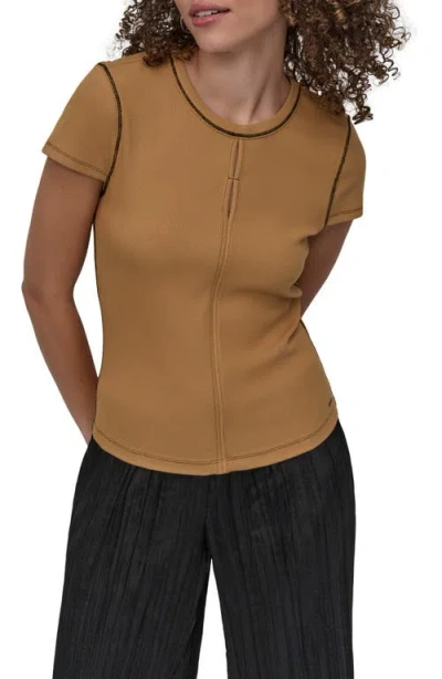 Dkny Contrast Stitch Rib Knit T-shirt In Brown