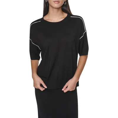 Dkny Contrast Trim Short Sleeve Sweater In Black