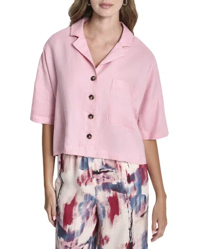 Dkny Convertible Collar Linen Shirt In Pink