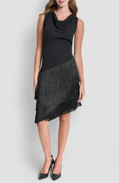 Dkny Cowl Neck Asymmetric Fringe Dress In Black