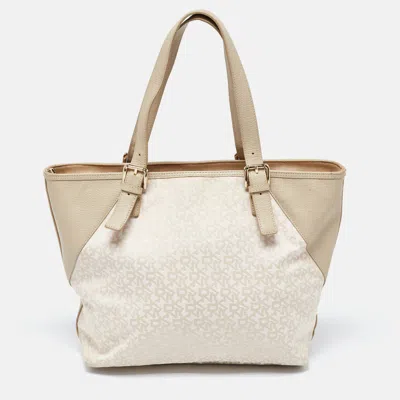 Dkny Cream/beige Monogram Canvas And Leather Zip Tote In White