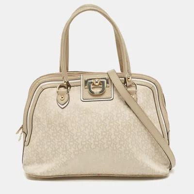 Pre-owned Dkny Cream/beige Signature Canvas And Leather Dome Satchel