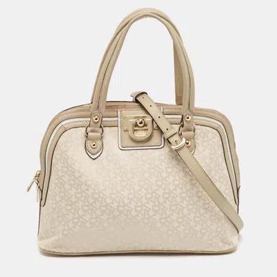 Dkny Cream/beige Signature Canvas And Leather Dome Satchel In Neutral