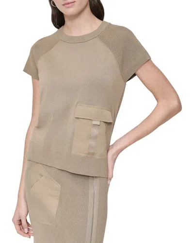 Dkny Crew Neck Pocket Top In Brown