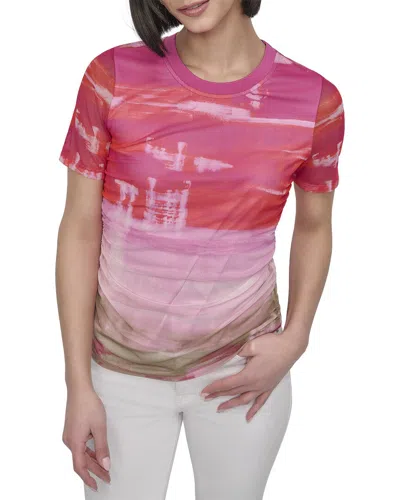 Dkny Print Ruched Mesh Top In Pink