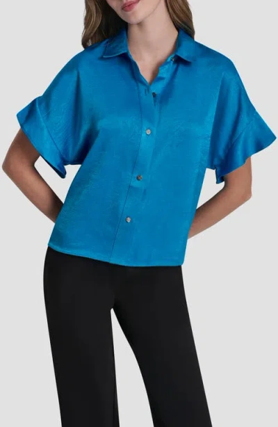 Dkny Crinkle Button-up Shirt In Blue