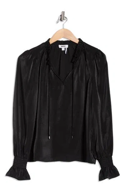 Dkny Crinkle Long Sleeve Top In Black