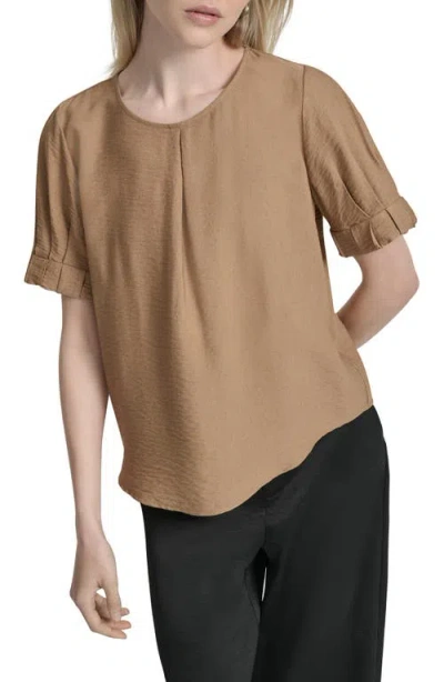 Dkny Crinkle Texture Short Sleeve Top In Brown