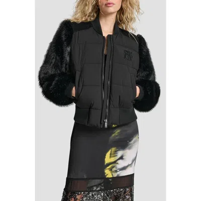 DKNY DKNY CROP FAUX FUR SLEEVE BOMBER JACKET