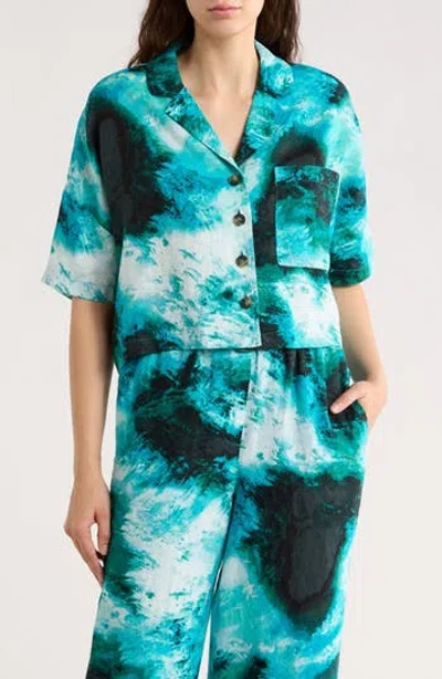 Dkny Cropped Linen Camp Shirt In Green