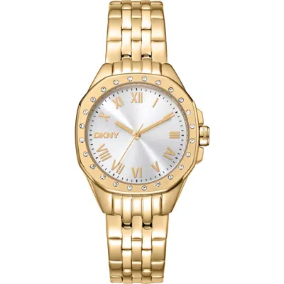 Dkny Crystal Bezel Three Hand Quartz Bracelet Watch, 30mm In Gold