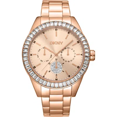 Dkny Crystal Bezel Three Hand Quartz Bracelet Watch, 40mm In Rose Gold