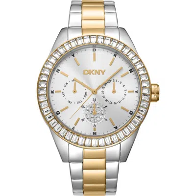 Dkny Crystal Bezel Three Hand Quartz Bracelet Watch, 40mm In Two Tone Silver And Gold