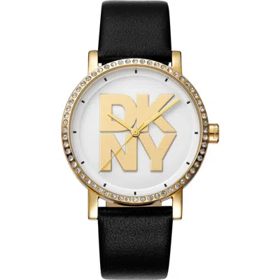 Dkny Crystal Bezel Three Hand Quartz Leather Strap Watch, 36mm In Black