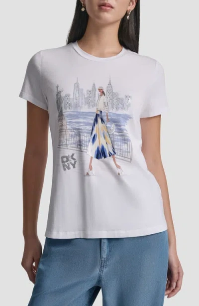 Dkny Crystal Embellished Statue Of Liberty Conversational Graphic T-shirt In White